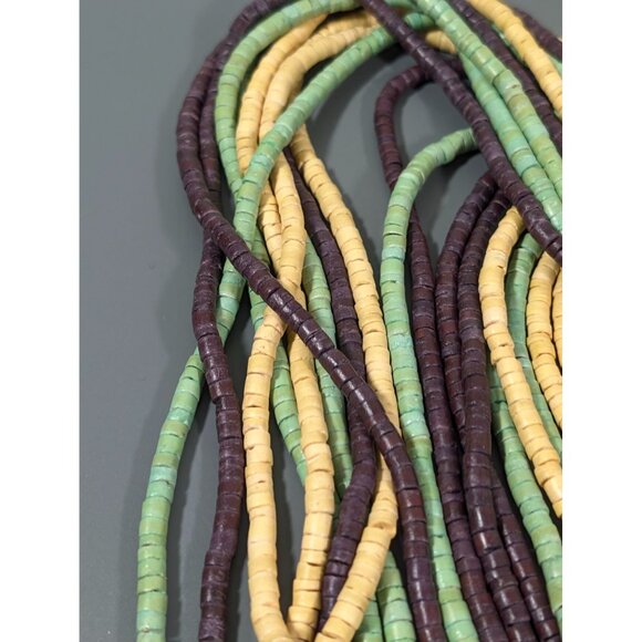 Tribal Yellow Green Brown Stacked Wood Bead Mulit Strand Long Necklace 28" - Picture 4 of 8